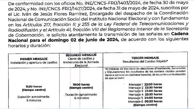 INE convoca a por lo menos 4 cadenas nacionales para el domingo 2 de junio.