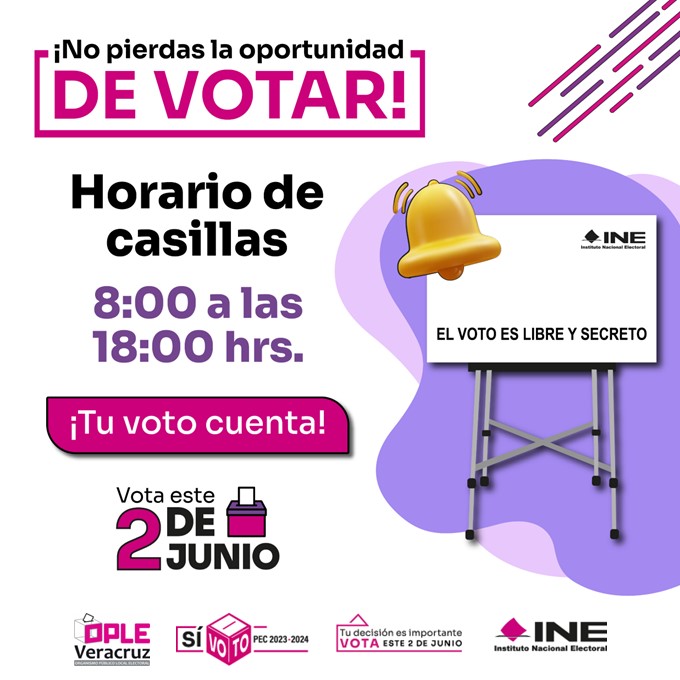 ¡Este domingo 2 de junio, vota!  Nuestras casillas abren de 8:00 a las 18:00 hrs. ¡Tu voto cuenta!  #HorarioDeCasillas
