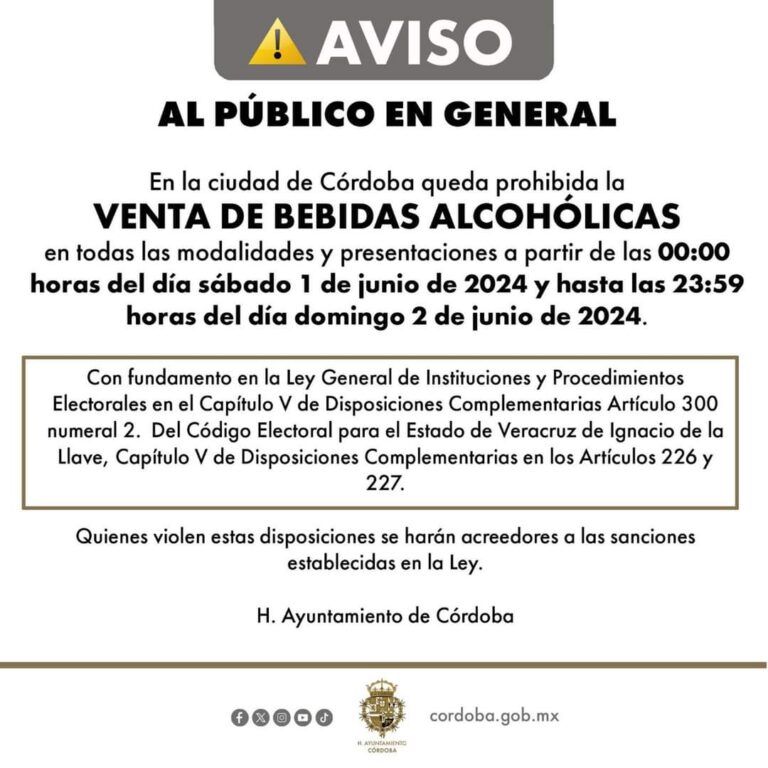 Se ordena la suspensión de venta de bebidas alcohólicas los días 1 y 2 de junio