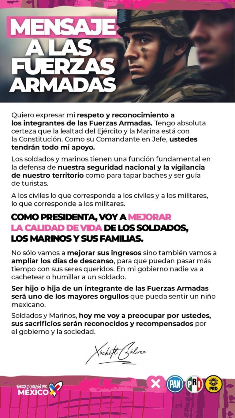 Lanza Xóchitl Gálvez un mensaje  a la Fuerzas Armadas