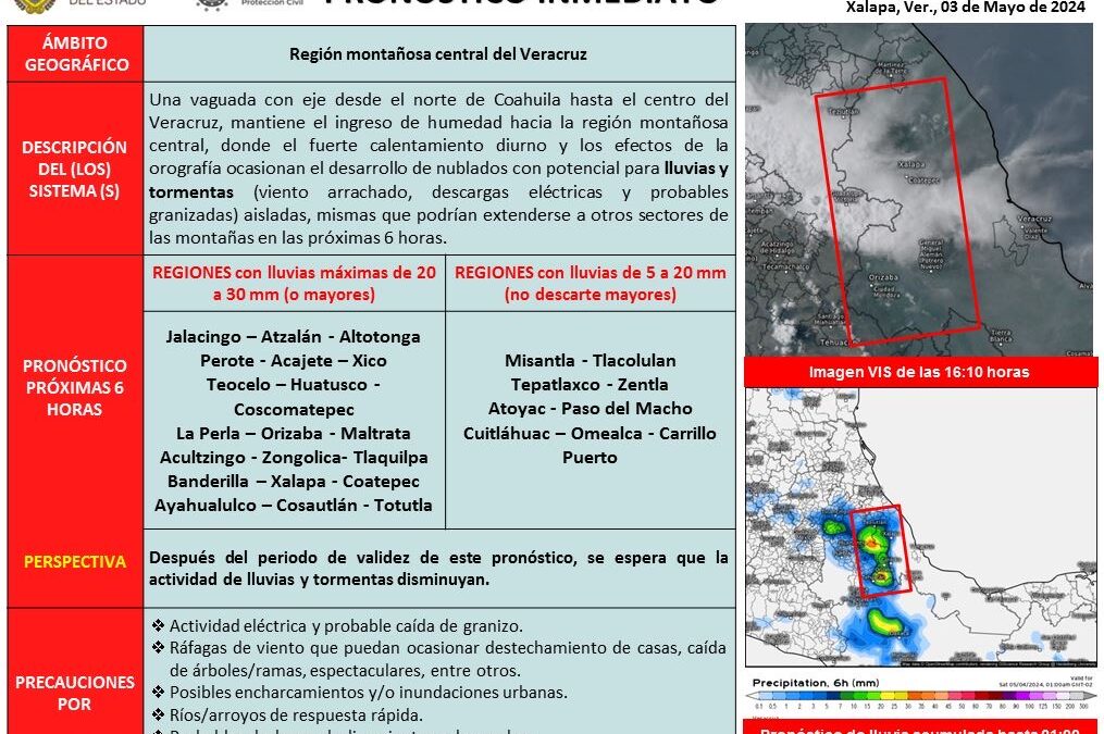 Alertan por lluvias y posible caída de granizo en zona centro