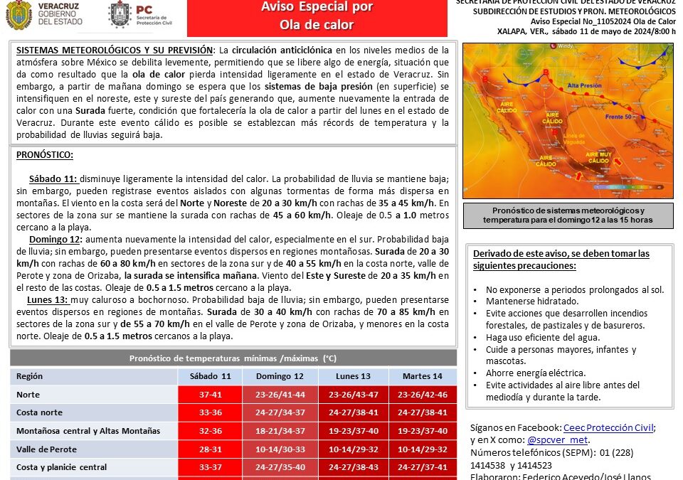 Anuncia Protección Civil que continua la onda de calor en la zona de Córdoba