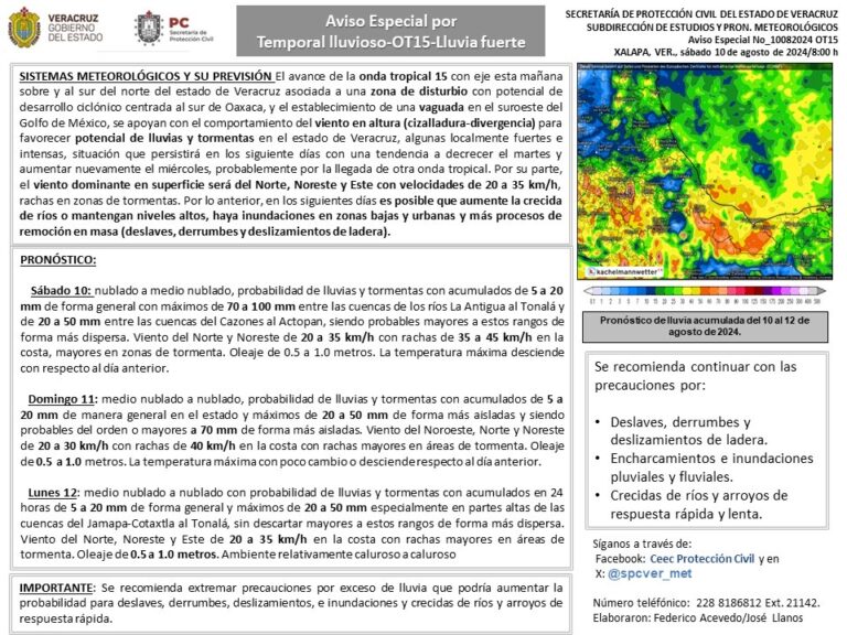 Traerá más lluvias para Córdoba la onda tropical 15 anuncia Protección Civil