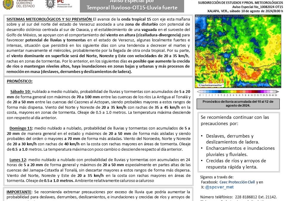 Traerá más lluvias para Córdoba la onda tropical 15 anuncia Protección Civil