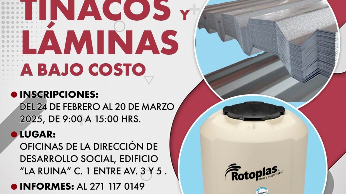 Tinacos y láminas a bajo costo, invita Desarrollo Social a aprovechar programa