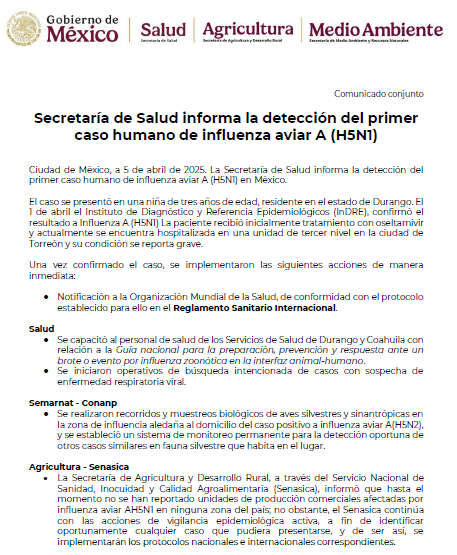Detectan primer caso humano de influenza aviar A (H5N1) en México 