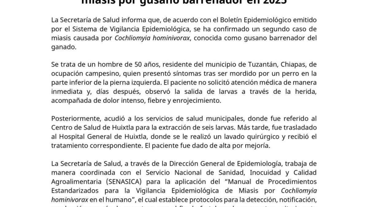 Confirman segundo caso de gusano barrenador en México