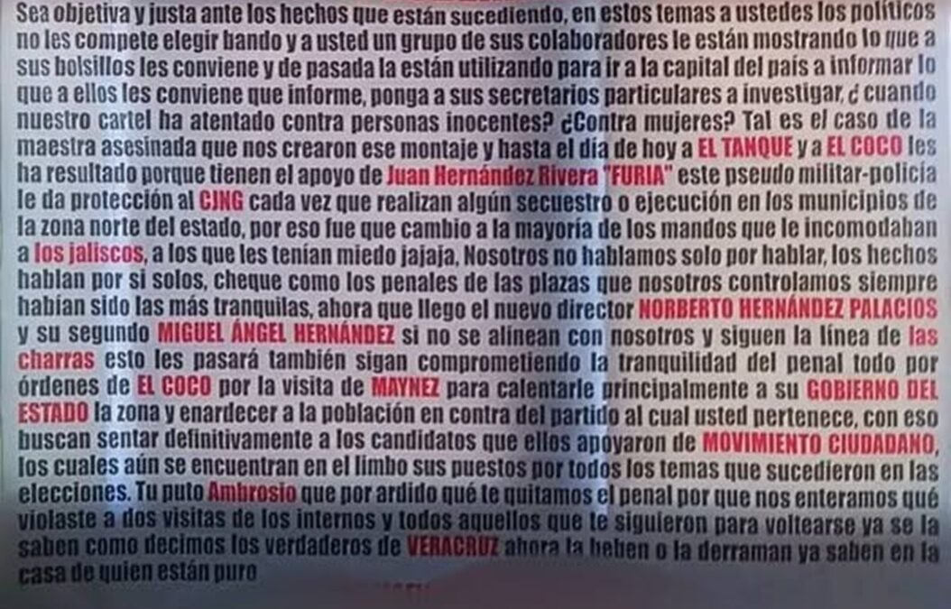 Con narcomantas la mafia veracruzana se deslinda del asesinato de la maestra Irma