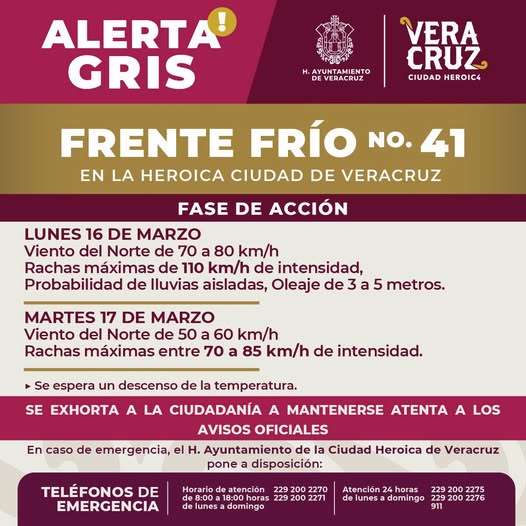 La Dirección de Protección Civil Municipal emite este Aviso Especial en Fase de Acción ante el paso del Frente Frío No 41 en nuestra ciudad.