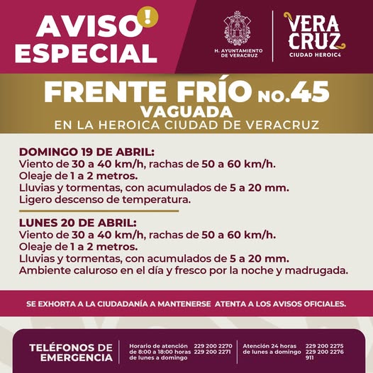 Anuncian viento y lluvias por Frente Frío 45 en Veracruz.