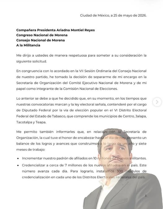 ANDRÉS “ANDY” MANUEL LÓPEZ BELTRÁN RENUNCIÓ A LA SECRETARÍA DE ORGANIZACIÓN DE MORENA Y ANUNCIÓ QUE BUSCARÁ UNA DIPUTACIÓN FEDERAL POR TABASCO