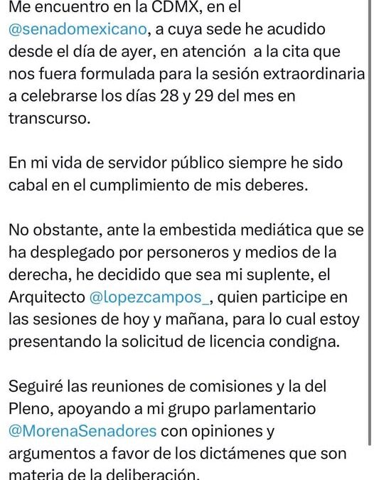 SENADOR DE MORENA, ENRIQUE INZUNZA, SOLICITA LICENCIA ANTE EMBESTIDA MEDIÁTICA
