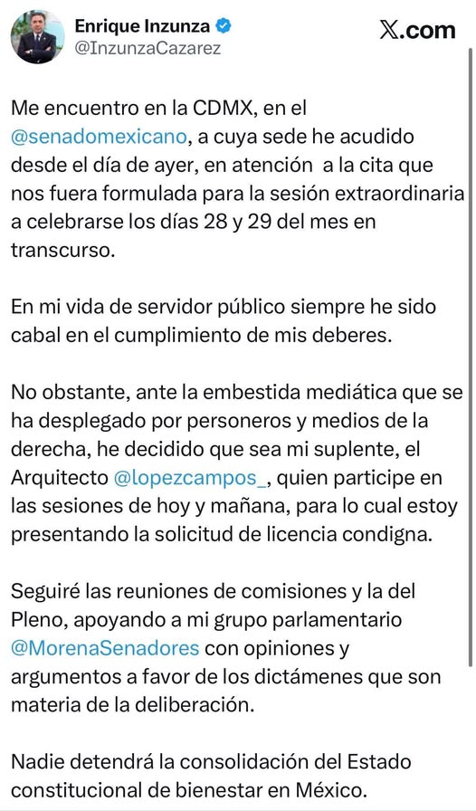 SENADOR DE MORENA, ENRIQUE INZUNZA, SOLICITA LICENCIA ANTE EMBESTIDA MEDIÁTICA