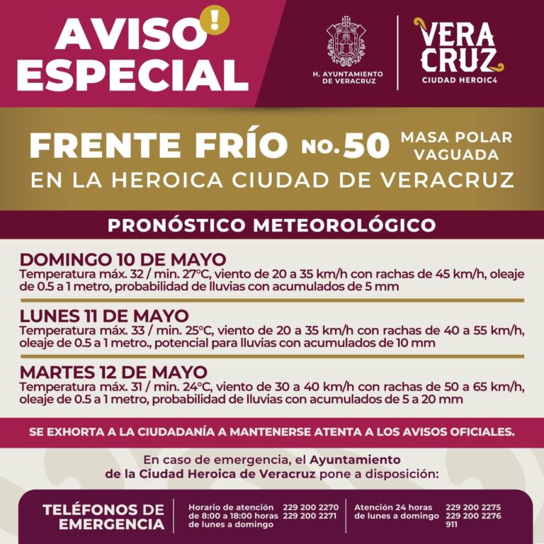 Provocará frente frío 50 lluvias y norte en la ciudad de Veracruz.