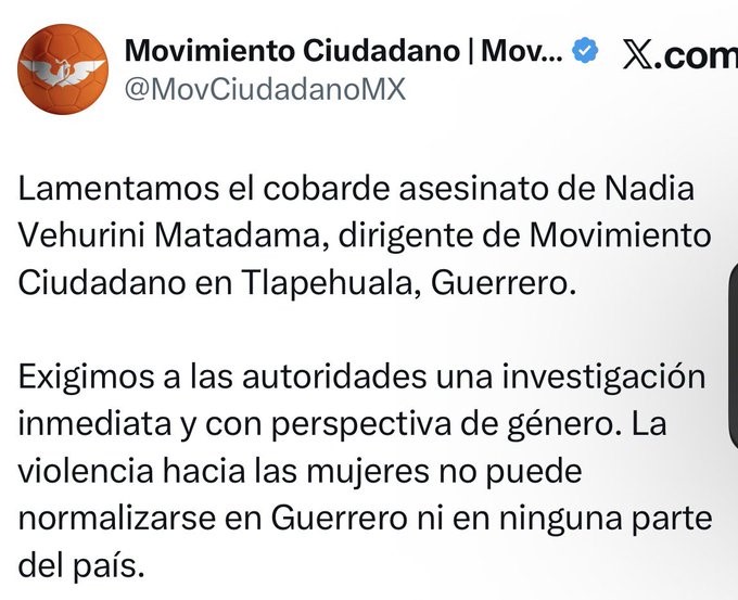 Asesinan a dirigente de Movimiento Ciudadano en Guerrero