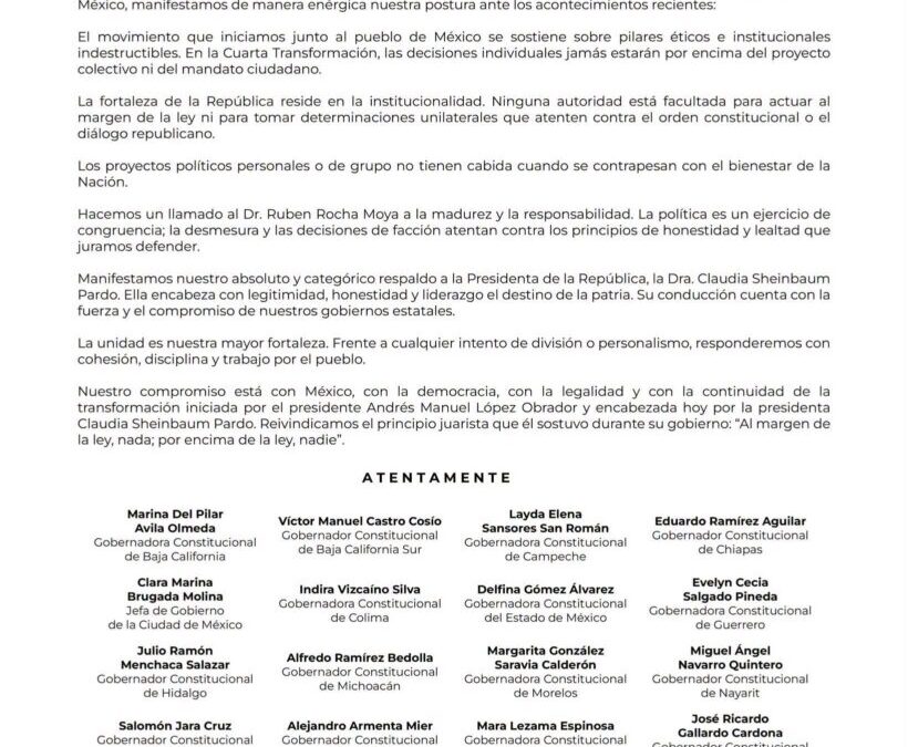 Gobernadores de la 4T respaldan a Sheinbaum y llaman a Rocha Moya