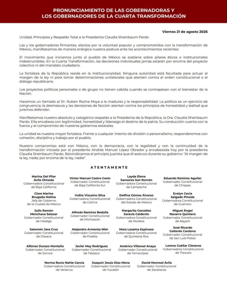 Gobernadores de la 4T respaldan a Sheinbaum y llaman a Rocha Moya
