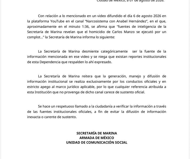 Marina niega ser fuente de información sobre asesinato de Manzo