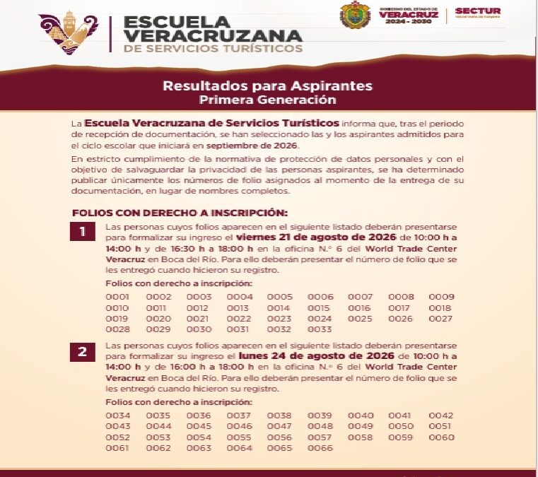 Resultados de admisión en la Escuela Veracruzana de Servicios Turísticos