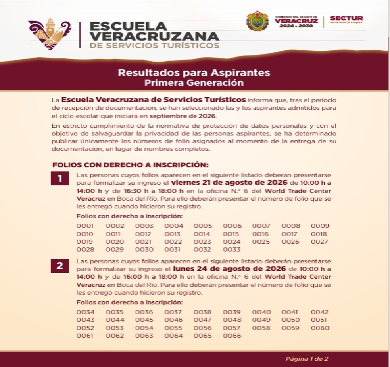 Resultados de admisión en la Escuela Veracruzana de Servicios Turísticos