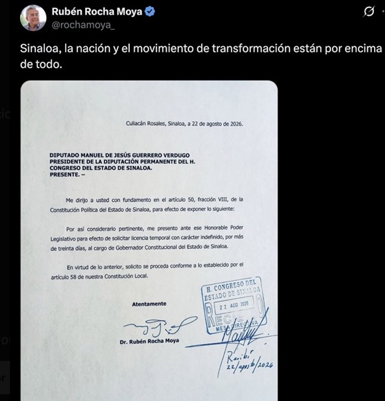 Rubén Rocha Moya regresa a Sinaloa tras acusaciones en su contra