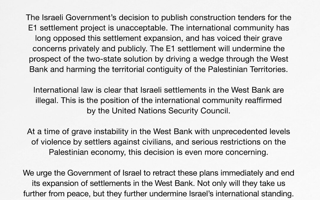 Siete países critican construcción israelí en Cisjordania