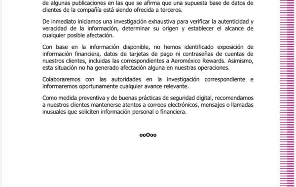 Aeroméxico indaga sobre posible filtración de datos de clientes
