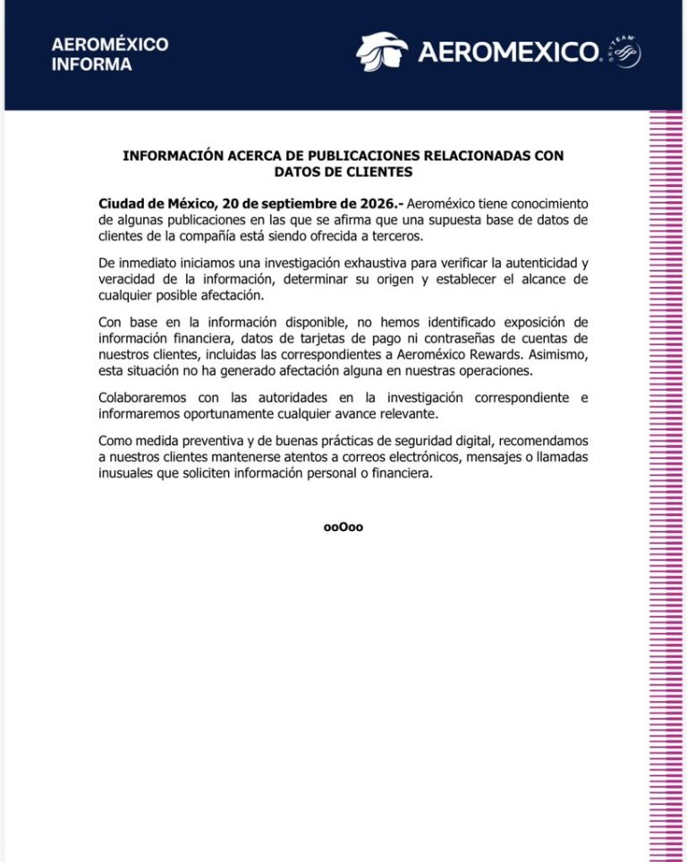 Aeroméxico indaga sobre posible filtración de datos de clientes
