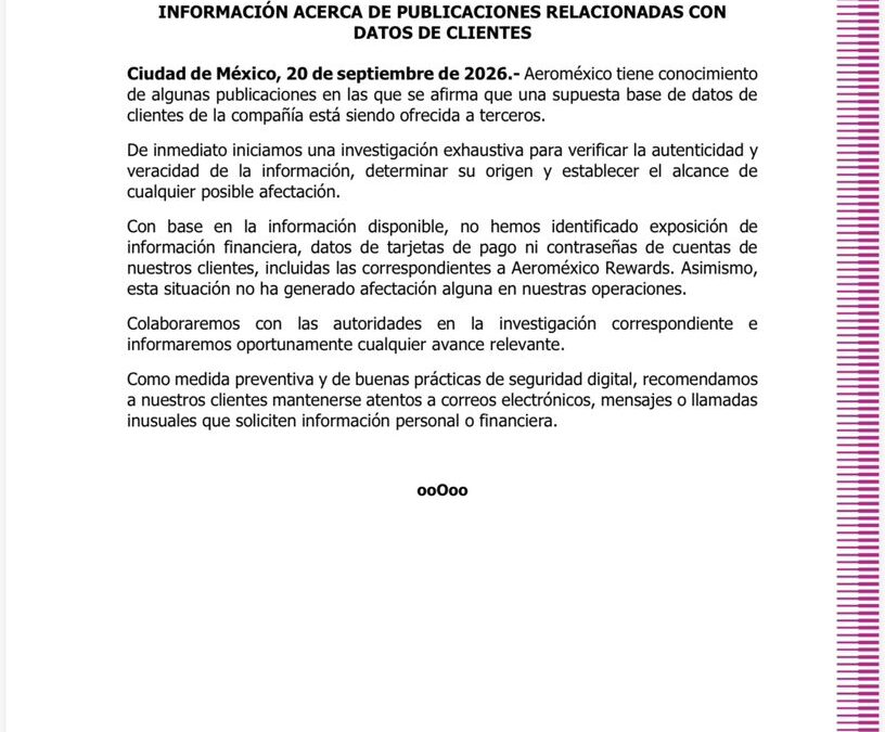 Aeroméxico indaga sobre posible filtración de datos de clientes
