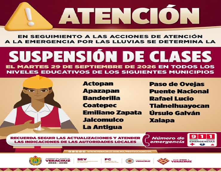 Clases suspendidas en 13 municipios de Veracruz por lluvias
