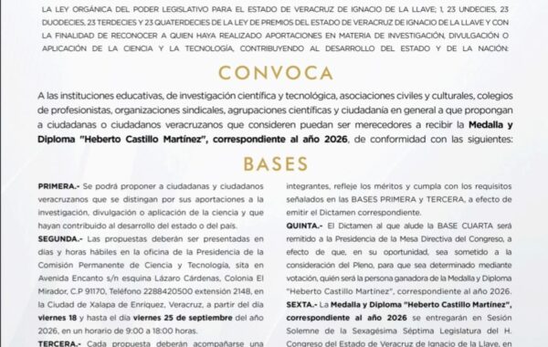 Convocatoria para la Medalla Heberto Castillo Martínez 2026