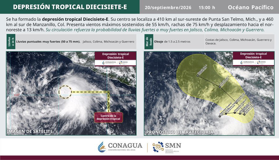 Depresión Tropical 17-E podría convertirse en huracán categoría 3