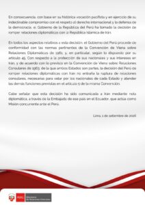 Perú corta lazos diplomáticos con Irán por tensiones en Ormuz
