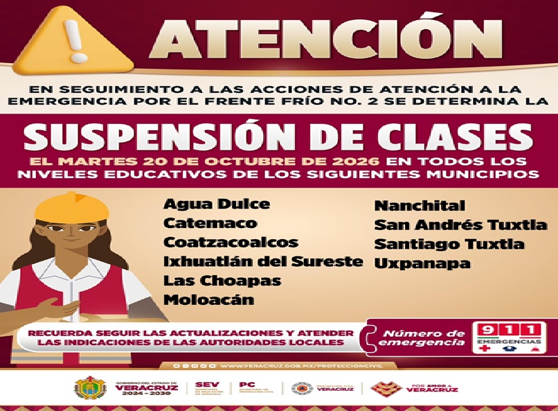 Clases suspendidas en 10 municipios del sur de Veracruz