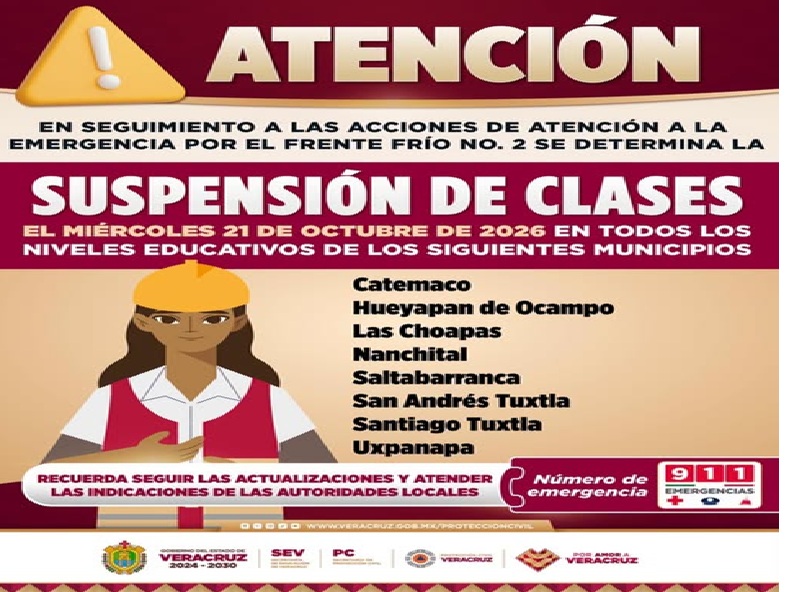 Clases suspendidas en ocho municipios del sur de Veracruz