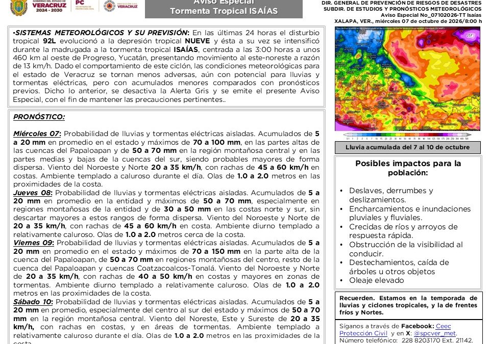 Desactivan Alerta Gris en Veracruz; persiste riesgo de deslaves