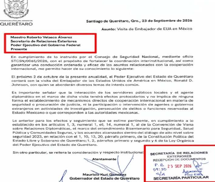 Gobernador de Querétaro presenta oficio sobre visita del embajador de EU