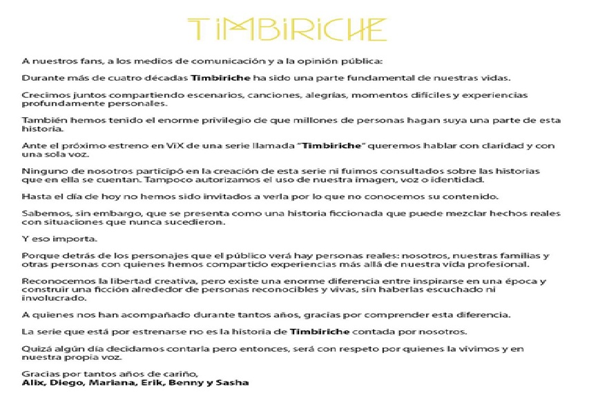 Integrantes de Timbiriche se distancian de serie de VIX