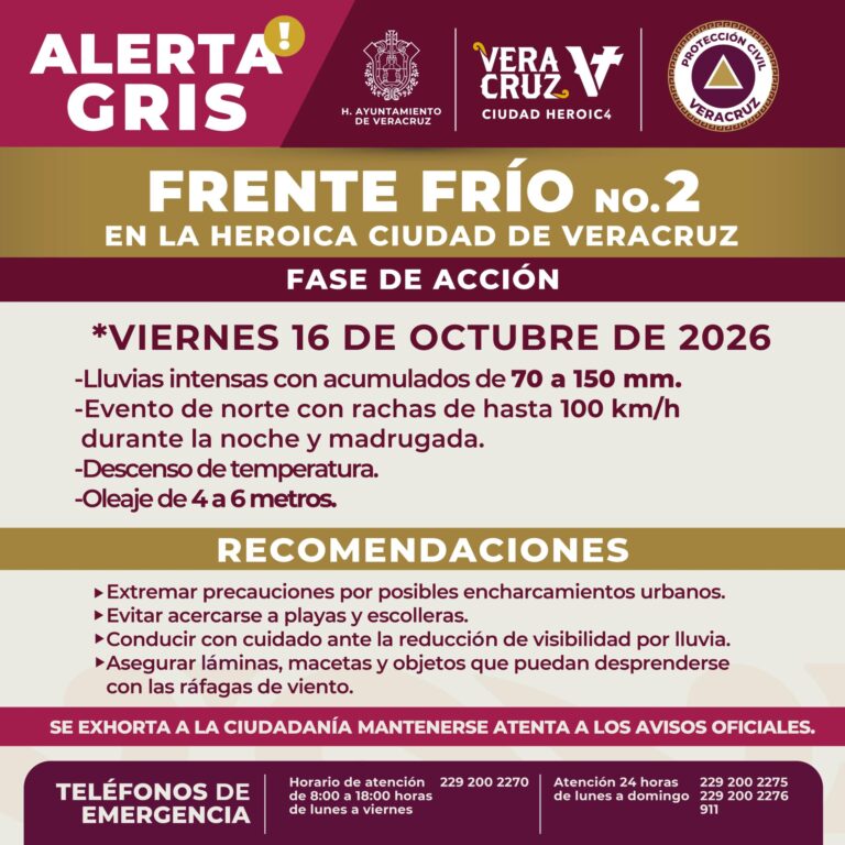 Veracruz activa monitoreo por Frente Frío 2 y pide precauciones
